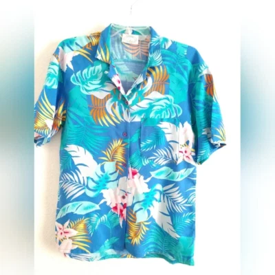 Camisa de campamento hawaiana vintage The Baja Clothing Company azul verde pecho pequeño 34" Foto 1 de 4
