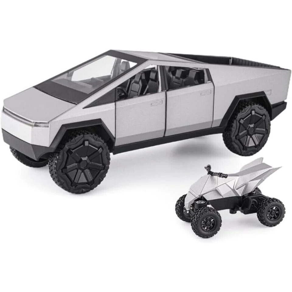 Carro modelo de liga de metal fundido Tesla Cybertruck picape 1:24 com moto pequena - Imagem 1 de 4