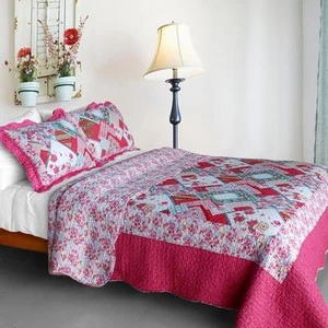 3 PC Rose Garden 100% Cotton Vermicelli Queen Quilt Shams pink paisley floral - Picture 1 of 1