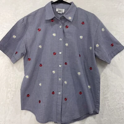 VTG Teddi Shirt Embroidered Lady Bug Daisy Floral Women S Houndstooth Blue MINT - Image 1 of 4