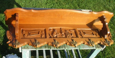 Vintage Carved Wood Wall Rack Shelf Coat Hooks Mirror Mid Century Modernist Cover