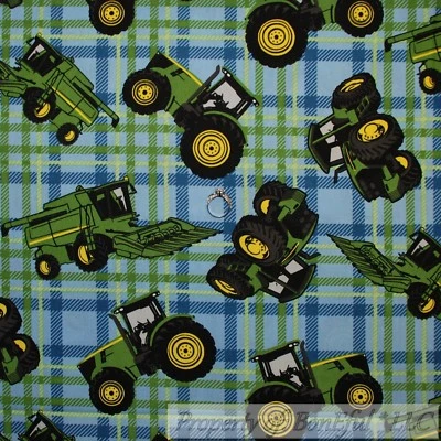 BonEful FABRIC FQ Cotton Quilt Blue Green Plaid JD Famous Tractor Boy Farm Sale - Image 1 of 4