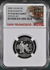 :2000-S S25C WASHINGTON MASSACHUSETTS QUARTER NGC PF70UCAM SILVER R3 TOP POP - Picture 1 of 2