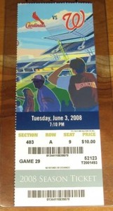 Mark Worrell MLB DEBUT FULL Season Ticket 2008 St. Louis Cardinals Nationals Pk.