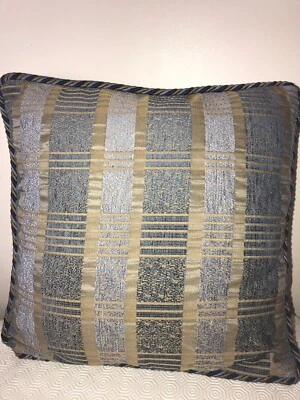 Blue Gold Stripe Check Rope Trim Cushion Cover Zip 42cm Square 16.5” New No Tag - Image 1 of 4