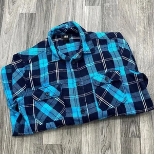 H&M Button Down Long Sleeve Collar Blue Plaid Flannel Shirt Boy's Size 14Y + - Picture 1 of 8