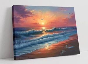 PRETTY SUNSET AT SEASIDE WITH BIRDS DEEP FRAMED CANVAS WALL ART PICTURE PRINT - Picture 1 of 3