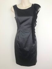 Review womens fitted dress size 6 black sleeveless ruffle detail satin look