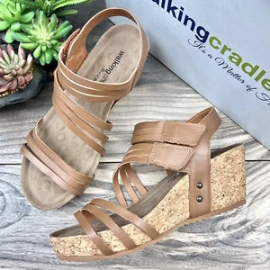 NIB Walking Cradles 8W WIDE Tiana Strappy Leather Wedge Sandal Luggage Soft - Picture 1 of 12