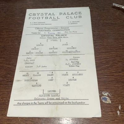 Crystal Palace Reserves v Plymouth Argyle reserves programme 07/01/1961  Rare  - Image 1 of 2