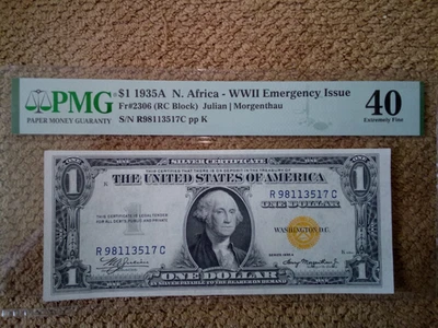 1935 A $1 ONE DOLLAR SILVER CERTIFICATE NORTH AFRICA NOTE,XF, PMG 40,YELLOW SEAL - Image 1 of 4