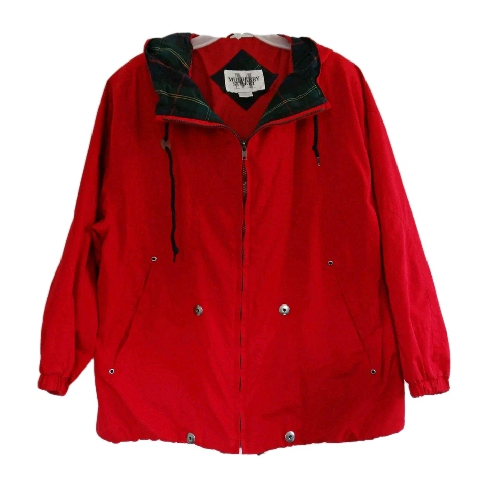 Abrigo Chaqueta MULBERRY STREET Rojo Talla XL Cremallera Frontal Capucha a Cuadros con Bolsillos Foto 1 de 4