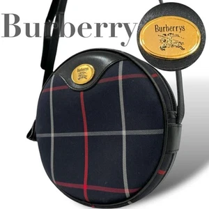 Burberry Vintage Circle Shoulder Bag Navy Check Canvas Leather Crossbody Japan - Picture 1 of 11