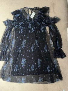River Island Black Floral Plisse Cold Shoulder Long Sleeve Mini Dress. UK 10. - Picture 1 of 7