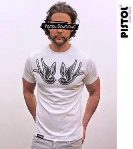 Pistol Boutique Men's White Crew Neck CHEST TATTOO SWALLOWS T-Shirt - S/M/L/XL - Picture 1 of 12
