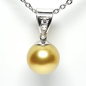 Golden Pearl Diamond Pendant, Flawless 10.8mm South Sea Pearl. 14k White Gold