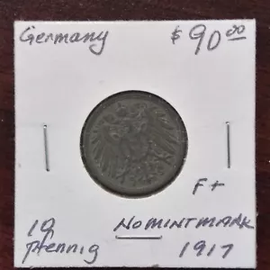 1917 Germany 10 Pfennig Rarer No Mintmark Coin (item #1001) - Picture 1 of 4