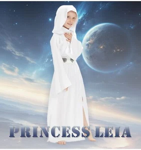 Kids Princess Leia Costume Classic Deluxe White Hooded Girls Outfit Gift - Picture 1 of 5