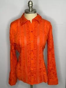 Top da donna arancione Chicos taglia 1 M manico di scopa a pieghe arricciata vintage abbottonato - Foto 1 di 8