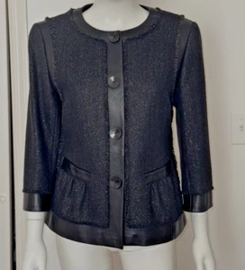 Chaqueta Blazer/Acentos de Cuero Lafayette 148 New York Negra Lana Brillante Talla 8 - Imagen 1 de 15