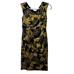 Connected Apparel Dress Size 6P Black Gold Floral Faux Wrap Gathered Knee Length - Picture 1 of 8