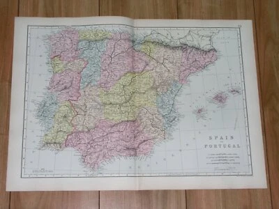 1891 MAPA ANTIGO DA ESPANHA PORTUGAL ILHAS BALEARES BARCELONA MADRID MAIORCA  - Imagem 1 de 4