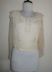Antike elfenbeinfarbene Seidenbluse von 1910 mit floraler Soutache Kordelstickerei edwardianisch - Bild 1 von 11
