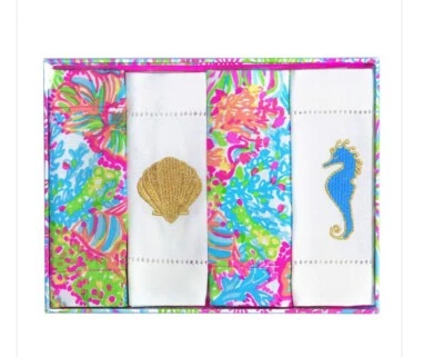 NEW Lilly Pulitzer Printed 4 Piece Napkin Gold Shell,Blue Seahorse,Lovers Coral - Image 1 of 3