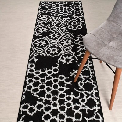 Custom Length Stair Hallway  Runner Rug Non Slip Backing, Abstract Black - Image 1 of 4