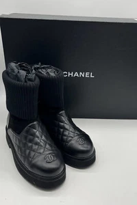 Chanel Black Leather/Suede/Knit Quilted CC Cap-Toe Moto Bootie sz 38.5 - Picture 1 of 8