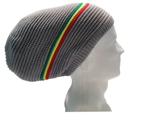 Gray Red Yellow Green Stripe Rasta Hat Beanie Jamaica Rastafari Style Large - Picture 1 of 4