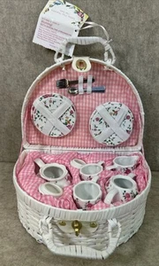Delton Pink Rose Pattern Porcelain Child Tea for 2 Tea Set White Basket - Picture 1 of 11