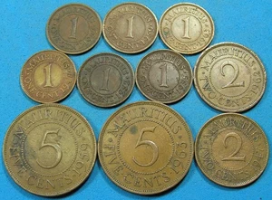 Mauritius Lot of 10 Bronze Coins 1947 to 1963 Diff Dates or Types,  KGVI + QEII - Picture 1 of 4