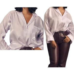 NEW Pilcro Anthropologie Dreamcore Shine Henley Long Sleeve Blouse Lilac Medium - Picture 1 of 11