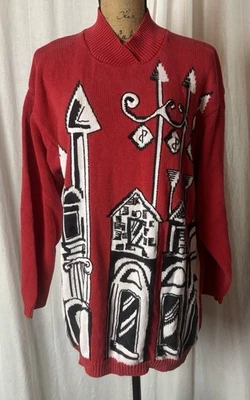Suéter Pullover Vintage IB Diffusion Rojo Blanco Negro City Scape Cuentas Talla M Foto 1 de 4