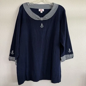 Quacker Factory Sweater Women's XL Navy Striped Collar Retro Anchor Embroidery - Picture 1 of 8