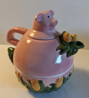 Tetera vintage de 3 piezas de arte de arcilla cerdo rosa y maíz ¡súper linda! Foto 1 de 4