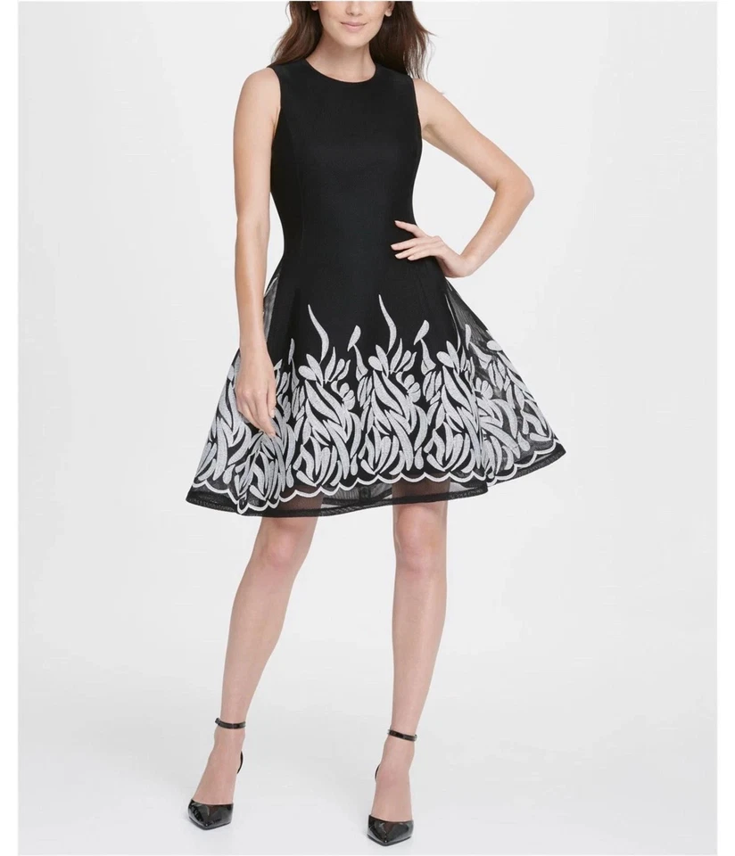 DKNY Women Black Mesh Embroidered Round Neck Sleeveless A Line Dress Size 10
