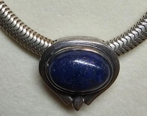 STERLING SILVER*LAPIS PENDANT*SLIDE*OVAL SNAKE CHAIN*18 INCH*VINTAGE* - Picture 1 of 10