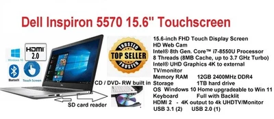 DELL Inspiron 5570 15.6" Touchscreen Laptop/Intel i7-8550U/12GB RAM/1TB HDD/DVD+ - Image 1 of 4