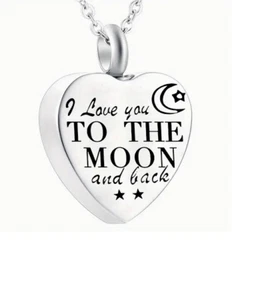 URN HEART MEMORIAL ASHES CREMATION MOON Pendant 24" 925 Sterling Silver necklace - Picture 1 of 8