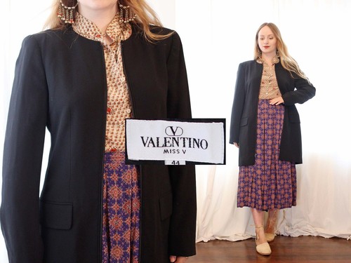 Valentino Miss V nero sera linea lunga giacca manica lunga mini abito zip davanti