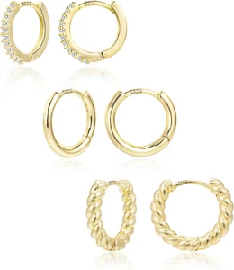 3 Pairs Small Huggie Hoop Earrings Set 14K Gold Hypoallergenic Lightweight Huggi - Picture 1 of 12