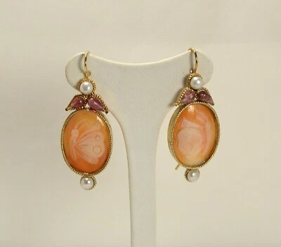 ORECCHINI IN ARGENTO 925 DORATO CON TORMALINE PERLE E CAMMEI FARFALLE AGHT 0645 - Immagine 1 di 3