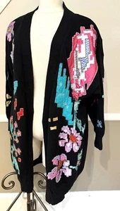VTG Bonnie Boerer Blk Cotton Graphic Beaded Heavyweight Cardigan Sweater XL/XXL - Picture 1 of 17