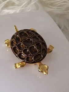 Vintage 60’s Mangle Large Brown  Enamel Gold Tone Turtle Brooch W Green Eyes - Picture 1 of 16