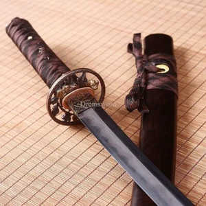 Damascus Folded Steel Clay Tempered Wakizashi Japanese Samurai Sword Ebony Wood - Picture 1 of 20
