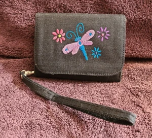Vintage L' egent Black Butterfly Embroidered Wallet Zipper Pockets Billfold - Picture 1 of 15
