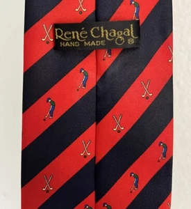 Rene Chagal Handmade Tie Men’s Golfer Necktie Red Black Repp Striped - Picture 1 of 3