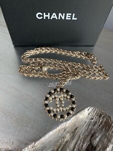 CHANEL 18P Long Pearl Pendant Necklace Black White CC Gold Choker NWT 11”-17”